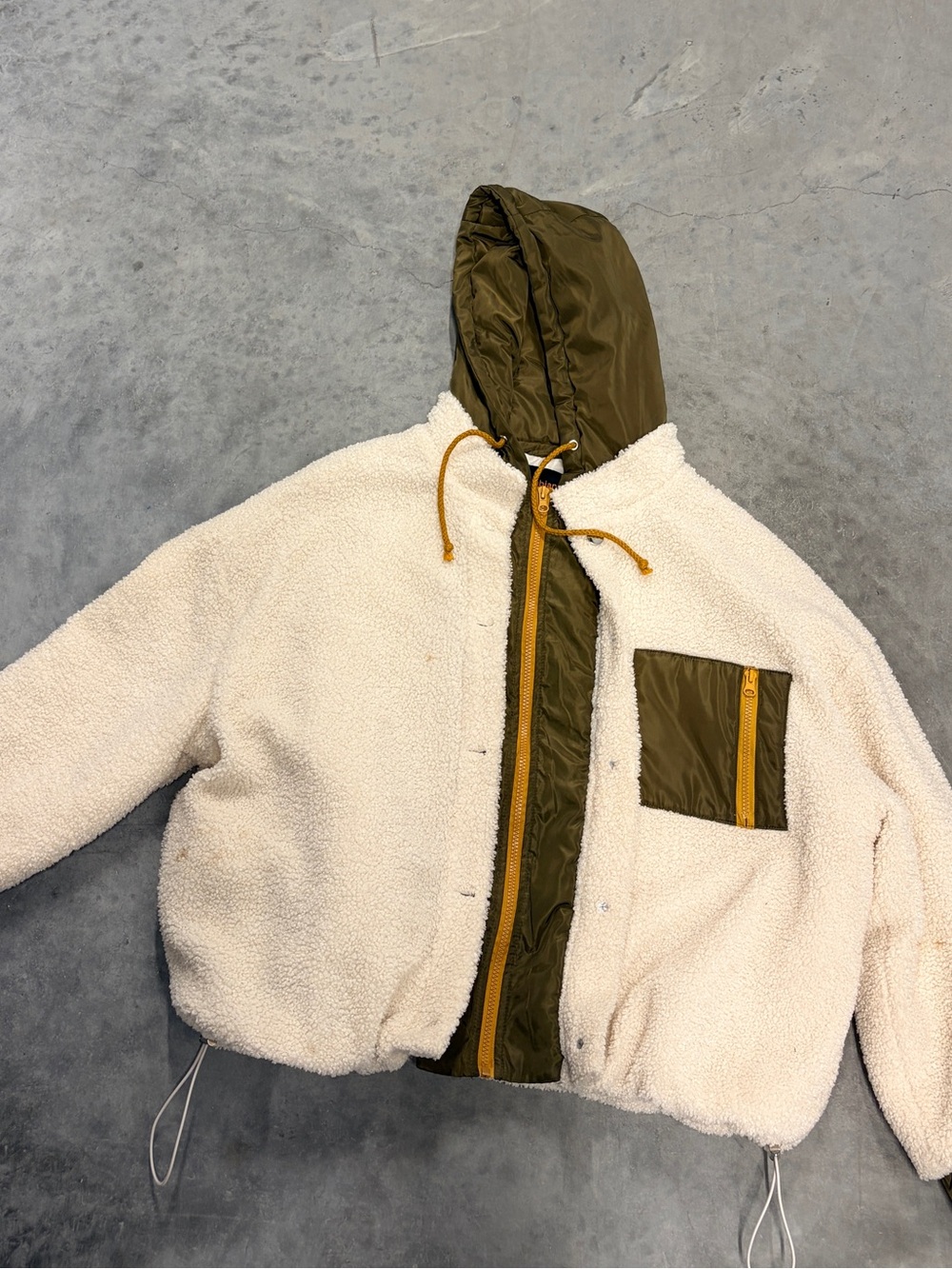 Ambiance Cream Sherpa Jacket with Olive Body and Mustard Accents